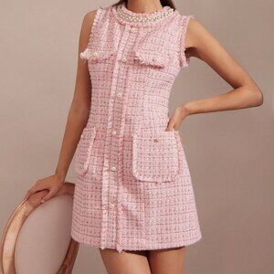 Pink Romantic Women's Sleeveless Plaid Dress with Faux Pearl Rhinestones